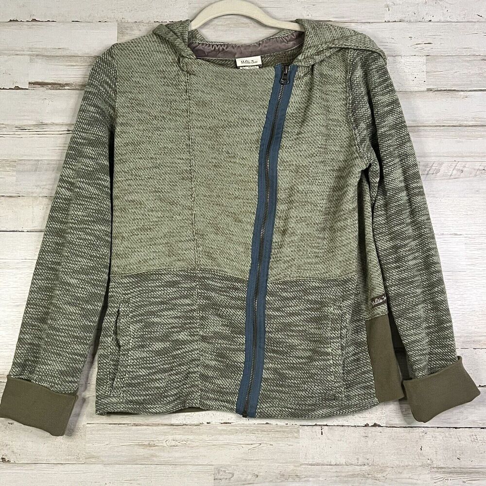 Matilda Jane Womens Sz M Heather Green Hooded Sweater Angled Zippered Moto Stye